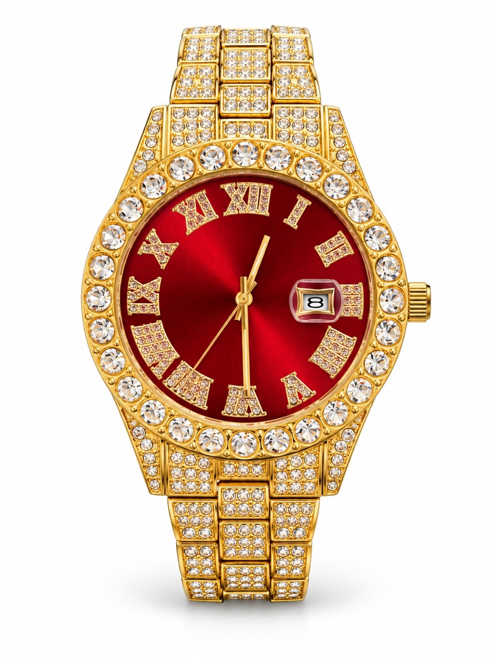 Gold-Plated Women’s Red Dial Crystal Roman Numeral Watch